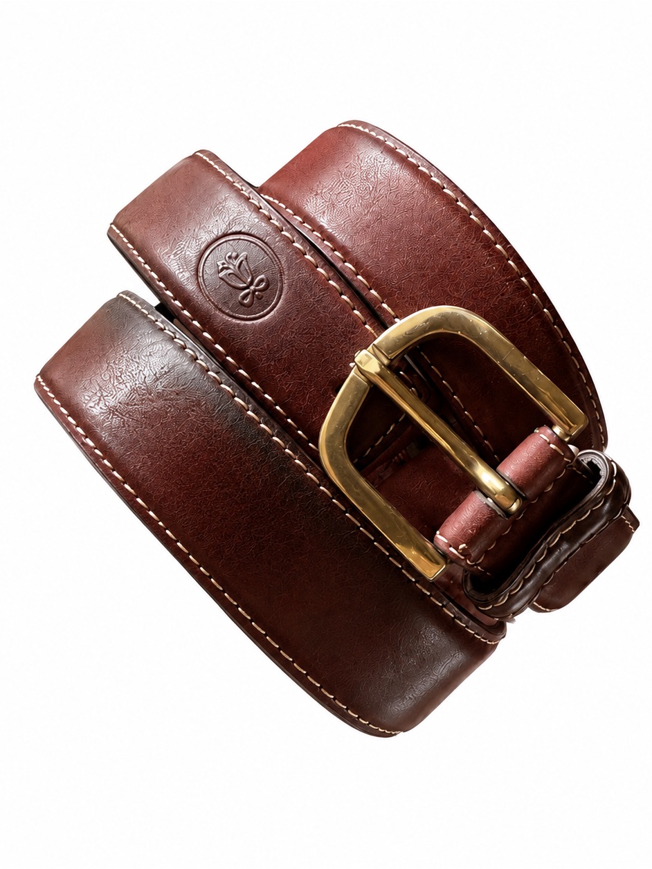 Men's Brown/Red Leather Belt With Brass Buckle Embossed Detail